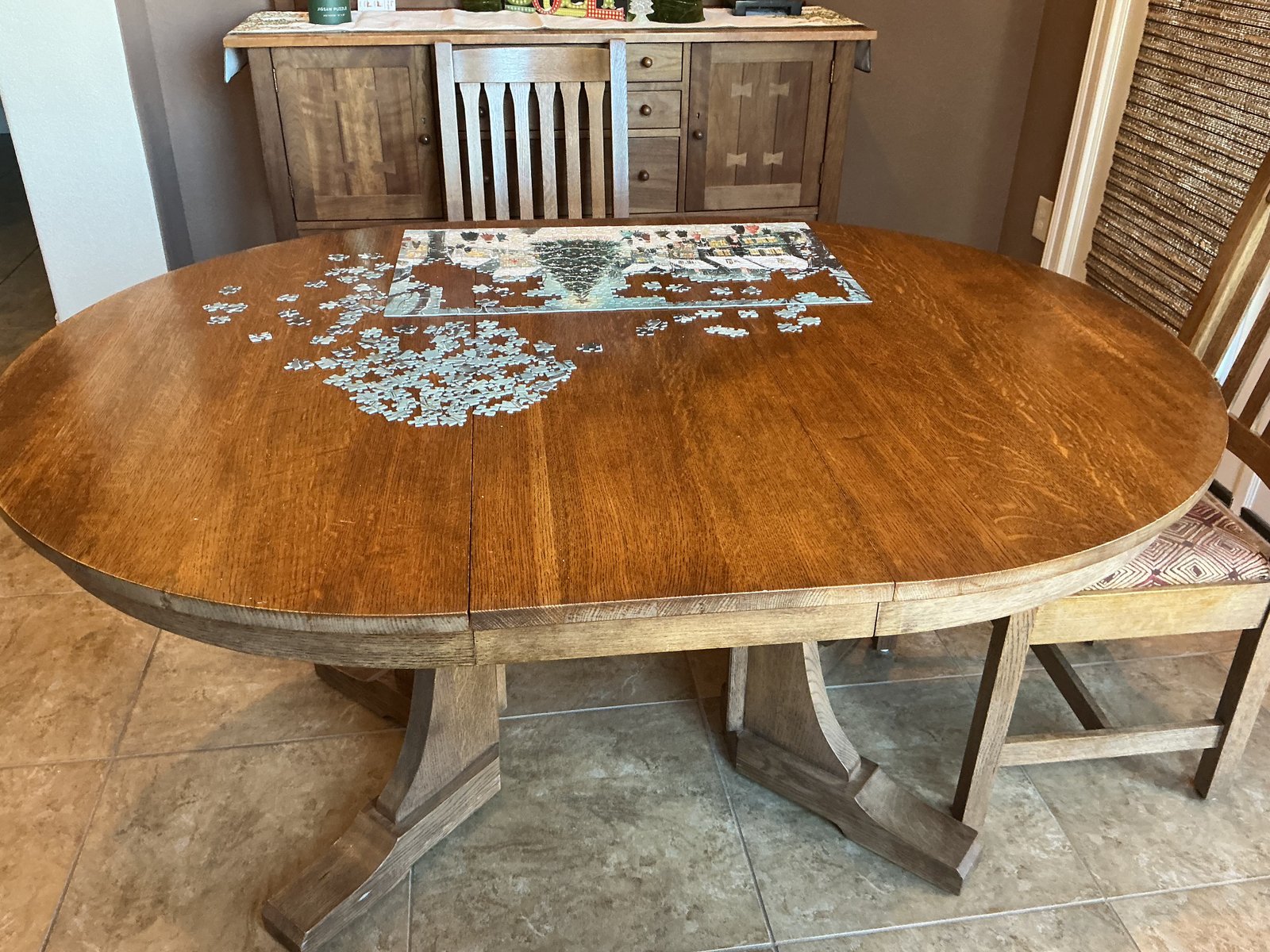 Oak dining table set before refinishing
